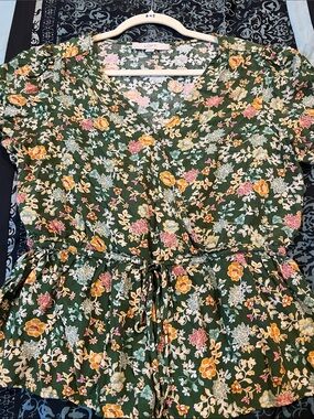 LOFT Olive Green Floral Tie-Front Peplum Top